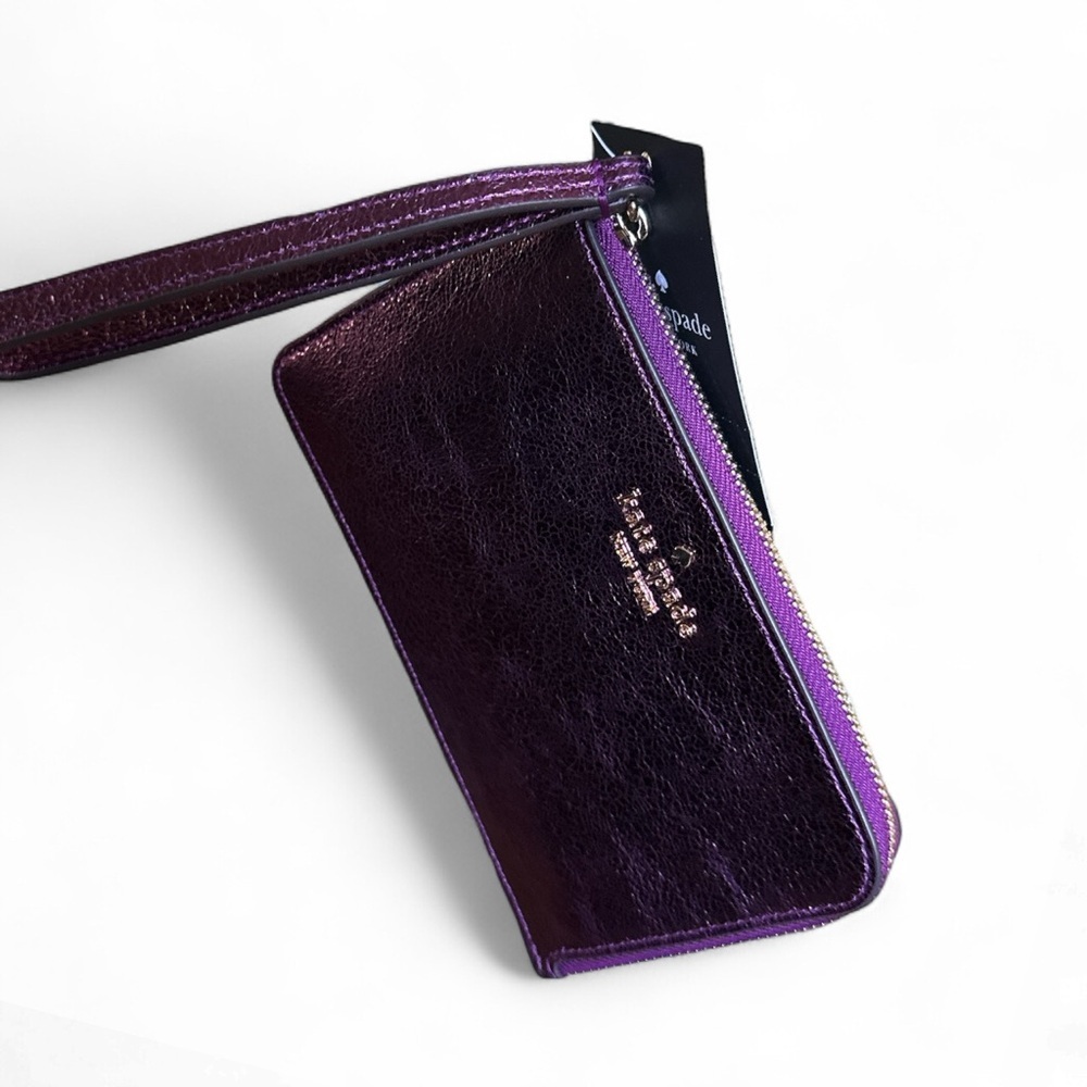 Kate Spade Metallic Plum Leather Wristlet NWT Purple Zip Pouch - Picture 2 of 4